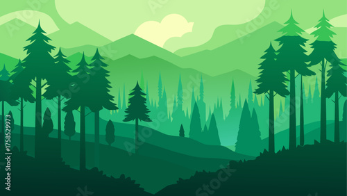 Green forest landscape with mountain range