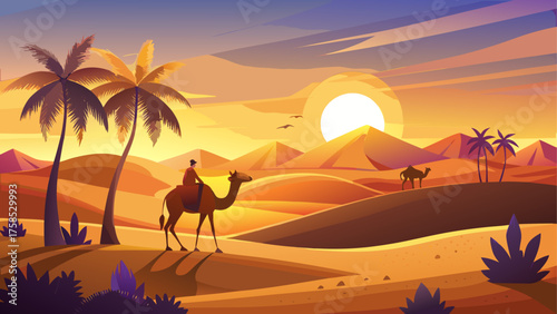 Camel riding through desert at sunset time