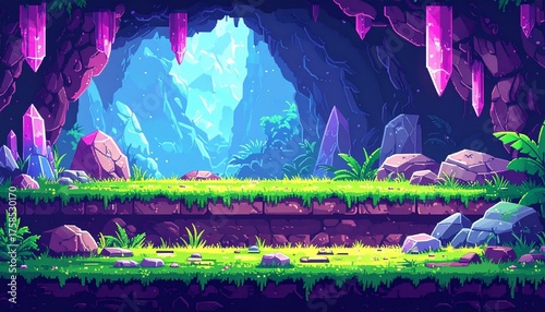 pixel art retro game level, Crystal Cavern, 8 bit 2d video game background, undergrou 