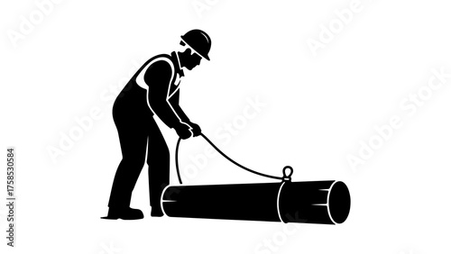 Construction worker pulling pipe with transparent background