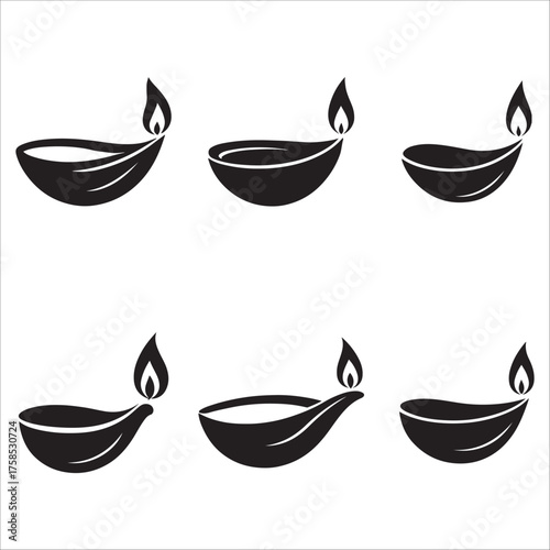 This is a black and white vector illustration of six diyas, traditional oil lamps, arranged in two rows of three. Each diya has a simple, elegant shape with a flame flickering from its wick. The lamps