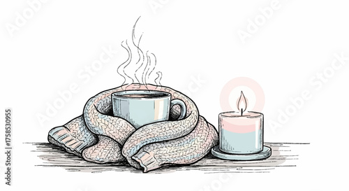 Cozy Still Life Illustration of Hot Beverage, Warm Scarf, and Candlelight, Perfect for Autumn or Winter Themes and Promoting Relaxation or Hygge Concepts.