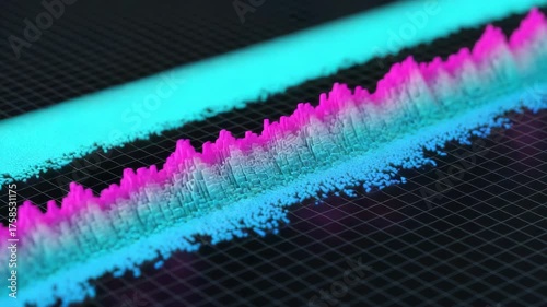 A 3d rendered waveform visualization with peaks and valleys on a grid background, showcasing data representation