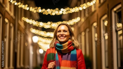 A smiling woman walks down a street decorated with festive string lights at night
