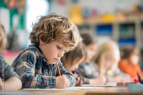 A young kid concentrates hard while writing at a school desk.