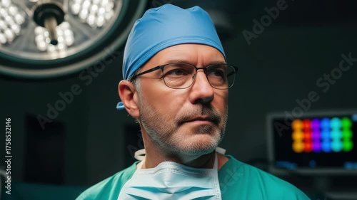 Surgeon wearing blue cap and glasses in operating room with medical equipment
