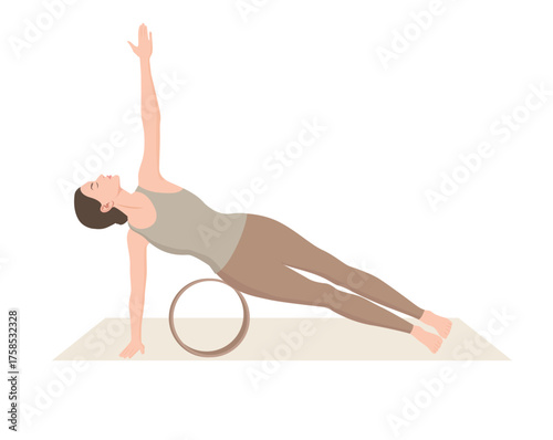 Vector illustration of young woman in beige sportswear practicing vasisthasana pose with yoga wheel. Young female doing side plank. Exercise for good posture, flexibility and balance.