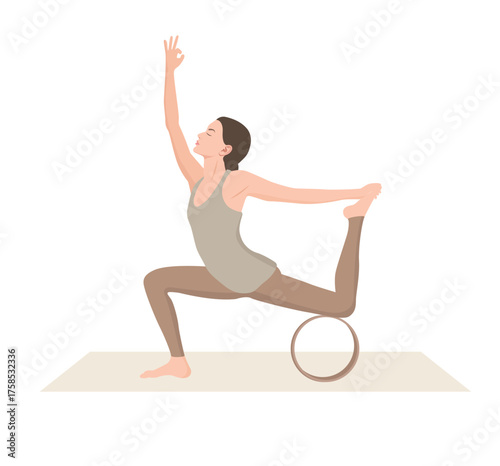 Vector illustration of young woman in beige sportswear practicing Ardha Dhanurasana with yoga wheel. Half bow pose. Woman workout, fitness. Exercise for good posture, body strength, balance.