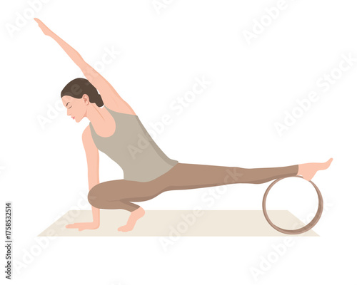 Vector illustration of young woman in beige outfit practicing yoga with yoga wheel. Half squat pose. Side bending stretch. Exercise for good posture, flexibility, balance and open hips.