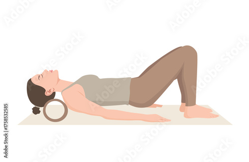Vector illustration of young woman in beige outfit practicing yoga with yoga roll. Exercise to relieve neck pain and stretch neck muscles.