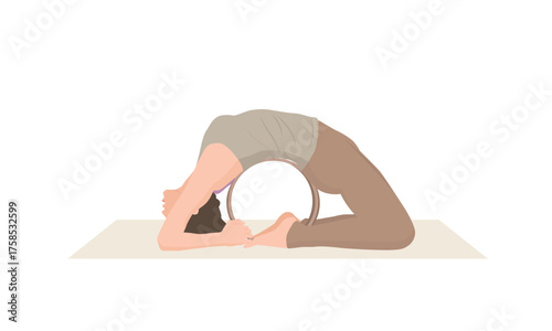 Vector illustration of young woman in beige sportswear practicing Kapotasana with yoga wheel. Young female doing pigeon pose wheel. Exercise for good posture, body strength, flexibility and balance.