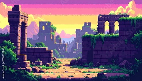pixel art game level background, 8 bit, landscape, arcade video game, pixelated