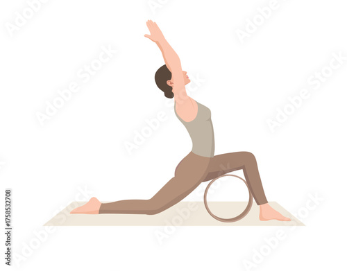 Vector illustration of young woman in beige sportswear practicing crescent pose with yoga wheel. Exercise for good posture, body strength, flexibility and balance.