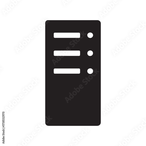 Modern black server tower icon represents data storage cloud computing network technology and digital information processing for technology solutions and it infrastructure silhouette