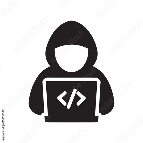Cybersecurity hacker icon representing digital threat anonymous coder with laptop and code symbol for online security and data breach concepts silhouette