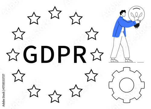 GDPR text encircled by stars, gear, and individual holding lightbulb. Ideal for data privacy, innovation, legal compliance, European law, security, regulation digital ethics simple flat metaphor