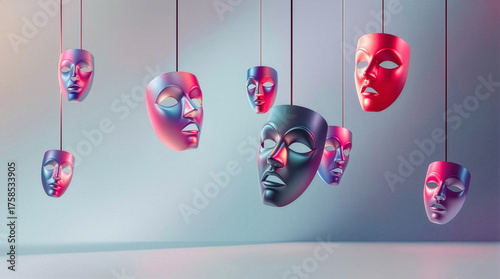 Unveiling Facades: A cluster of theatrical masks, each painted with vibrant hues, dangle suspended. The scene whispers of duality, performance, and the layers we present to the world.