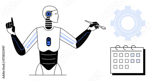 Humanoid robot with powered chest panel pointing and holding a pen, gear icon, and calendar symbolizing AI, automation, innovation, data analysis, productivity, planning progress. Ideal for simple