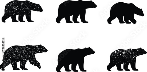 Bear silhouettes with cosmic patterns, galaxy designs, starry night textures, abstract animal vector illustration for nature, wildlife, fantasy, and decorative content