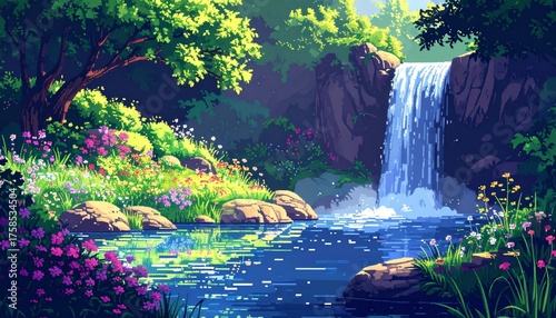 A serene pixel art landscape featuring a waterfall cascading into a tranquil pond