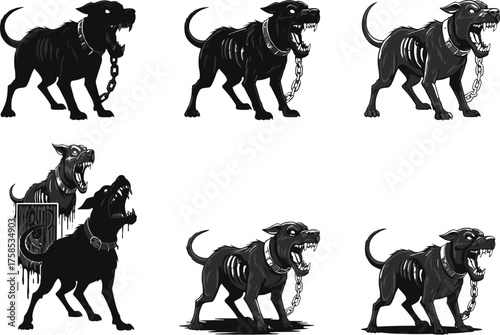 Angry zombie dog illustration with exposed bones and broken chain, dark horror undead animal vector design for Halloween scary artwork.