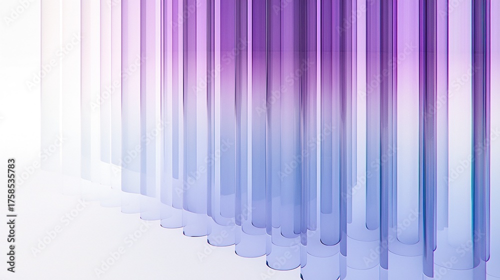 Obraz premium Minimalist white background, 3D rendering of glass tubes with purple and blue gradients, featuring vertical lines. Presents a modern, clean visual effect, suitable for design use.