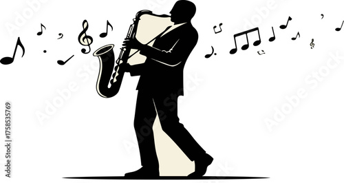 WebSilhouette of a woman playing saxophone surrounded by musical notes on black