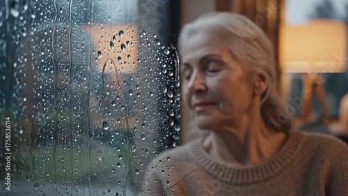 Senior Woman Relaxing Indoors Near Rain-Streaked Window
