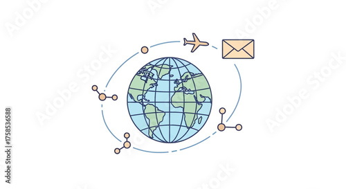Abstract concept of global connectivity, showcasing international mail delivery, air travel, and worldwide data networks