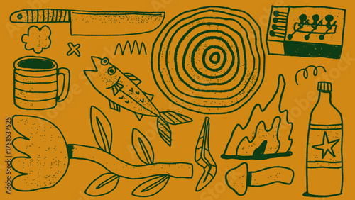 Camping and Outdoor Doodle Set — Hand Drawn Rustic Vector Illustration