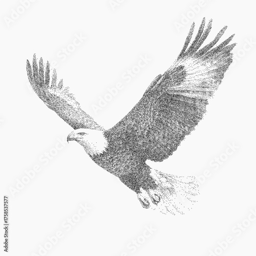 Flying eagle with spread wings, rough paper grain and threshold shading, stippled ink details and dusty speckles across a worn textured surface.
