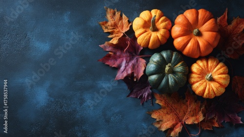 Pumpkins and fall leaves on dark background