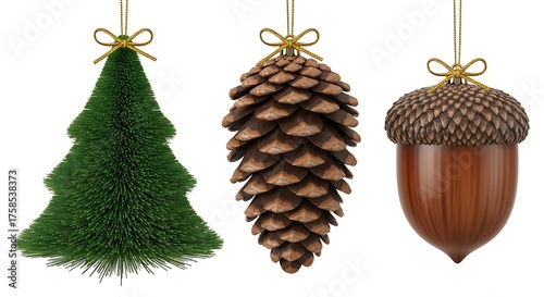 Christmas Tree, Pinecone, and Acorn Ornaments with Gold Bows Isolated on White