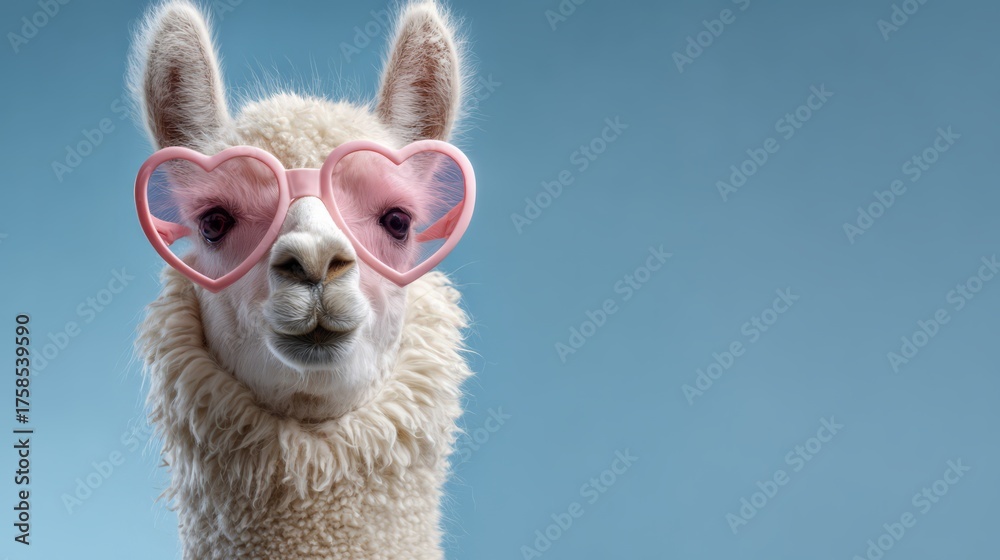 Obraz premium Llama wearing pink heart shaped sunglasses against blue background