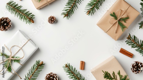 Top down view of christmas gifts with elegant wraps, ornaments, and festive decorations