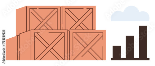 Wooden crates stacked in a warehouse next to a growth chart and cloud. Ideal for logistics, warehouse management, business progress, inventory tracking, supply chain, export-import, simple flat