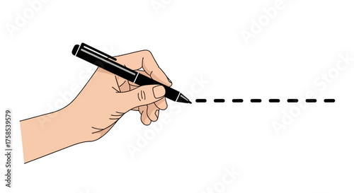 Drawing a dashed line with a pen held by a hand, illustration of writing or marking