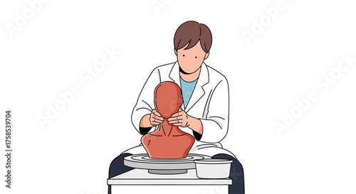 A creative craftsman passionately molding a terracotta sculpture of a human bust on a potter's wheel