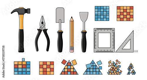 A flat design vector illustration set of handyman tools for mosaic tiling and home improvement projects