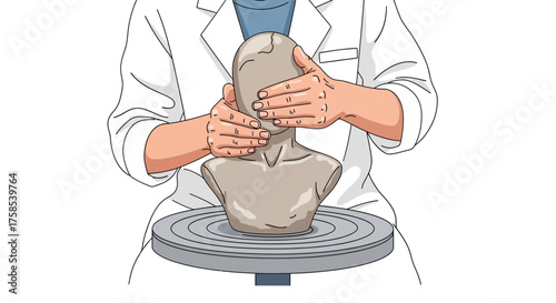 Artist skillfully shaping clay bust on a pottery wheel, demonstrating creative process of sculpture