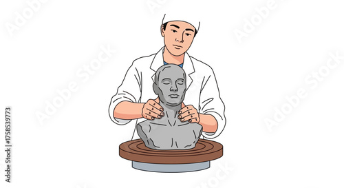 Skilled artisan meticulously sculpts a detailed human head bust, embodying the essence of creation and artistic expression on a rotating stand