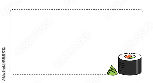 Frame with Sushi roll with wasabi in the lower right corner against a blank white background