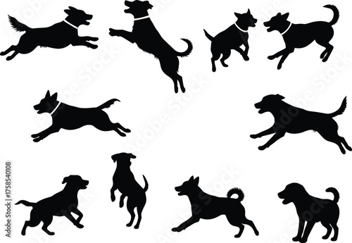 Black dog silhouette vector collection showing various playful, running, and jumping poses of dogs on white background for design illustration.