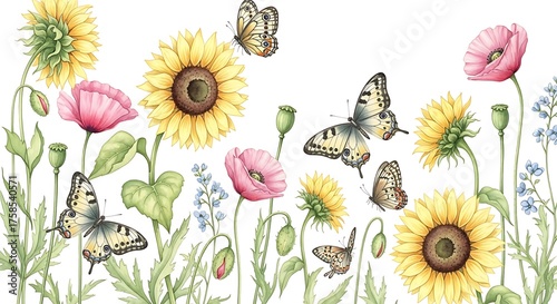 Watercolor flowers with butterflies illustration colorful and vibrant summer theme