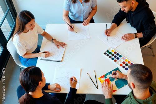 Group of young adult men and women sitting around table drawing abstract sketches on paper, using pencils and watercolor paints, engaging in collaborative creative activity together
