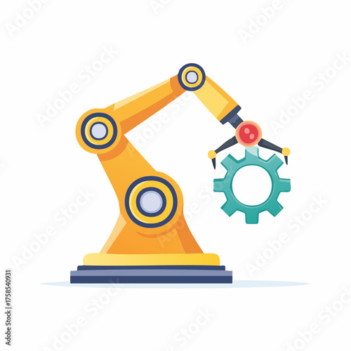 Modern robotic arm holding a teal mechanical gear on an isolated white background, representing industrial automation.