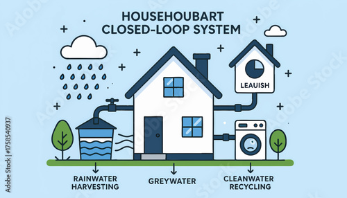 Infographic of a closed-loop water system for a sustainable house. Vector illustration showing rainwater harvesting, greywater, and clean water recycling. Eco-friendly conservation concept