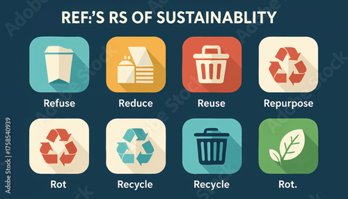 The Rs of sustainability icon set for waste management. Flat design vector infographic with refuse, reduce, reuse, and recycle symbols. Zero waste and environmental concept illustration