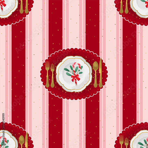Elegant Seamless Pattern with Christmas plates, served with festive decorations. Vector illustration in a textured style