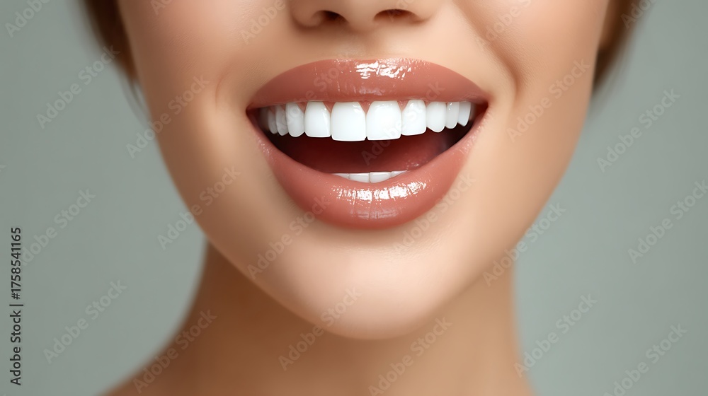 Obraz premium Bright and Radiant Smile of a Young Woman Showcasing Healthy Teeth and Glossy Lips in Soft Natural Light